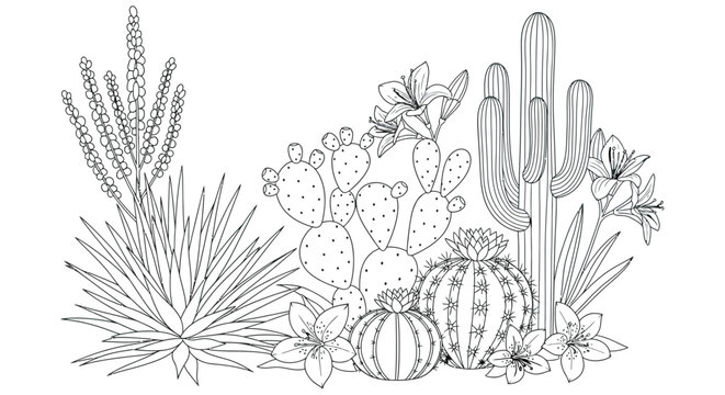 Desert cacti and succulent plants detailed line art illustration on a white background