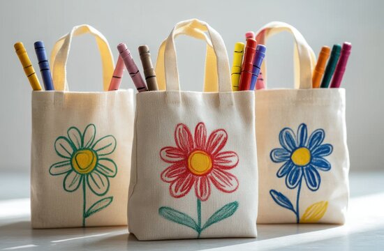 three small canvas tote bags with hand-drawn colorful flower designs filled with vibrant crayons, bright cheerful playful craft scene