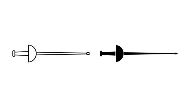 Fencing Sword Icons: A simple, clean graphic representation of a fencing sword, presented in both outline and solid silhouette forms, ideal for sport or competition themes.