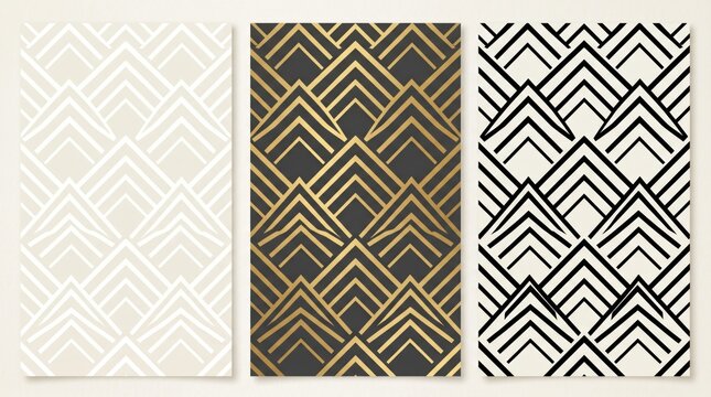 Art Deco geometric patterns set, luxury gold and black chevron backgrounds, elegant 1920s style vertical textures for invitation cards