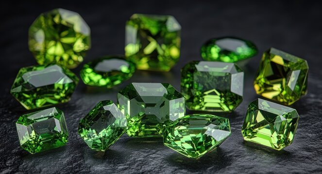Scattered faceted green gemstones of various cuts on a dark textured surface, sparkling with dazzling luxurious elegance