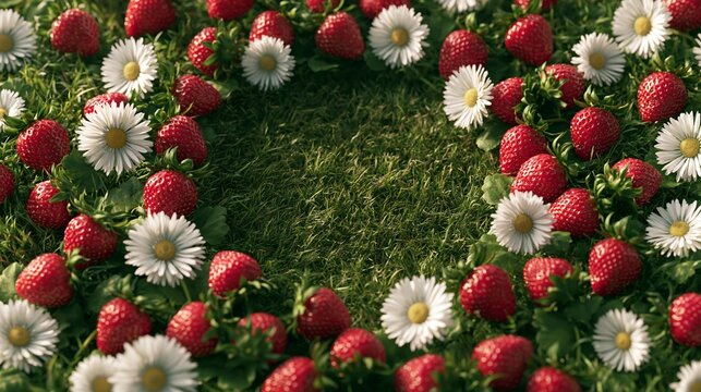 Fresh strawberries and delicate daisies arranged in circle on soft green grass background.