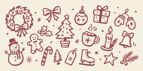 Fototapeta premium Christmas doodle set hand drawn holiday icons vector illustration
