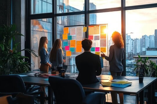 team brainstorming session around glass board covered with colorful sticky notes in a modern office at sunset, collaborative focused atmosphere