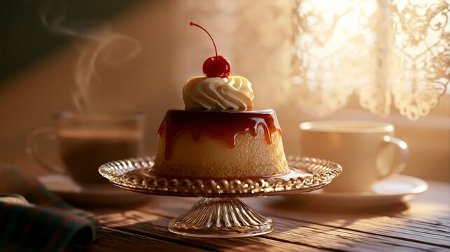 Delicious traditional latin american flan dessert with caramel sauce and cherry.