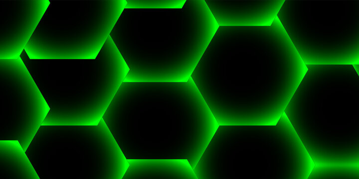 Abstract black background with glowing neon green gradient honeycomb hexagon shapes geometric pattern vector illustration.