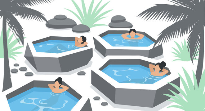 People relaxing in multiple hot tubs surrounded by tropical plants and stones in a serene setting.