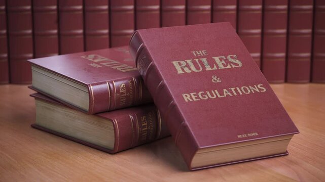 Rules and regulations books. Law, rules and regulations concept. 3d animation
