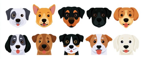 Obraz premium Playful dog animal face cartoon set in vibrant flat illustration style. Adorable puppy pet collection, various domestic dogs.