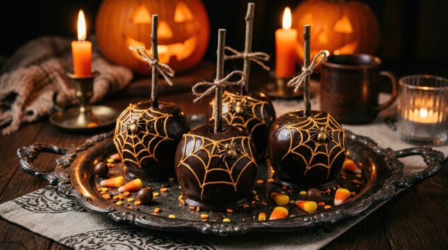 Gourmet Halloween Chocolate Candy Apples with Golden Spider Web Decorations and Spooky Jack-o-lantern Background for Autumn Holiday Celebration Theme