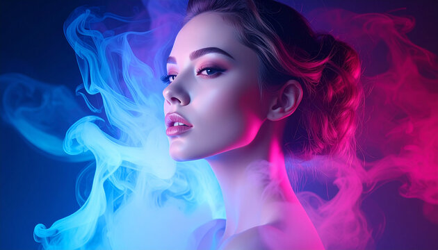 Woman's face illuminated by neon smoke in profile