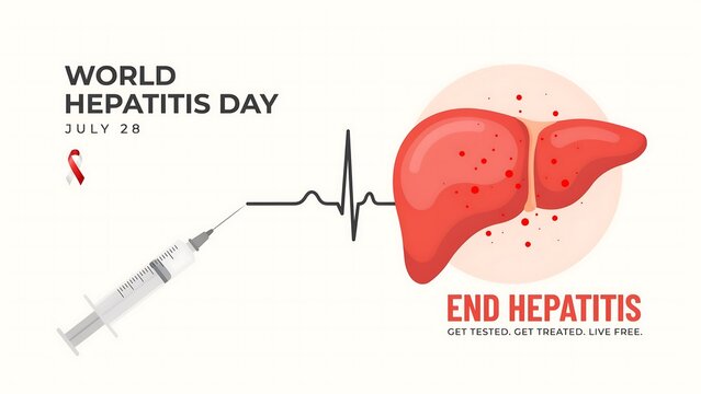 World hepatitis day awareness poster with liver and syringe