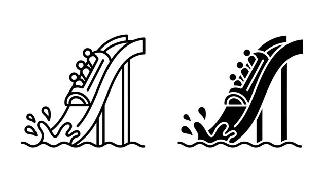 Water slide icon set: Two stylized water slides, one outlined and one solid black, show a raft descending into splashing water, perfect for amusement park or summer fun graphics.