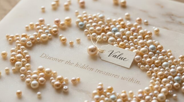 Scattered Pearls with Value Tag on Textured Surface