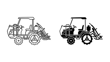 Farm Equipment Line Art: A set of line art illustrations depicting a compact farm tractor, showcasing its functional components and design in both a simple outline and a solid silhouette. © mrs