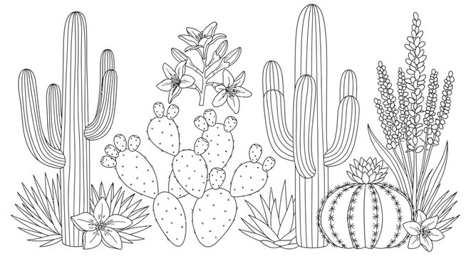Desert Cactus Collection Detailed Line Art Illustration With White Background cacti