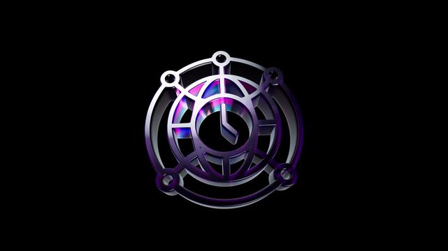 Metallic clock icon with a globe design and purple light reflections on a dark background 3D Icon