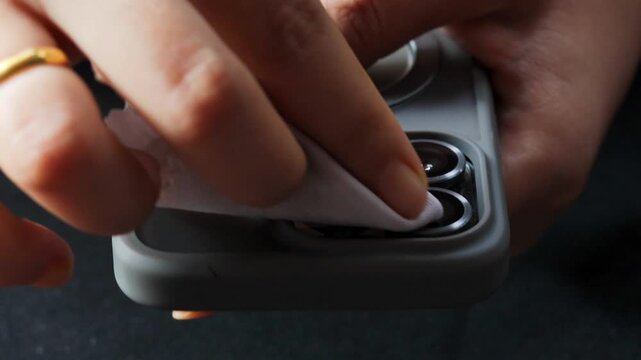 Close-up of a woman's hand cleaning a smartphone camera lens with a microfiber cloth. Removing dust, fingerprints, and smudges for clear photos, device maintenance, and electronics care.