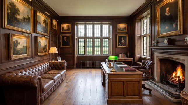 Luxurious wood paneled study with a leather chesterfield sofa and a burning fireplace in a classic manor house