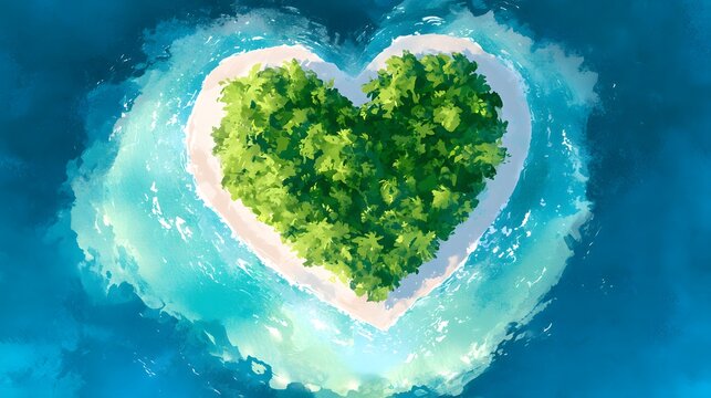 Serene tropical island heart watercolor illustration captures tranquil beauty and peaceful ocean views