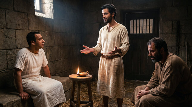 Joseph interpreting dreams of fellow prisoners in a dimly lit cell