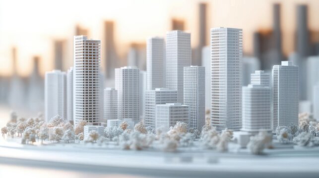 miniature architectural city model of modern skyscrapers, mid-rise buildings and tree-lined streets bathed in soft warm light, evoking calm and precise planning