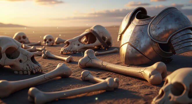 Scattered Human and Animal Bones and Armor in a Desolate Desert Landscape