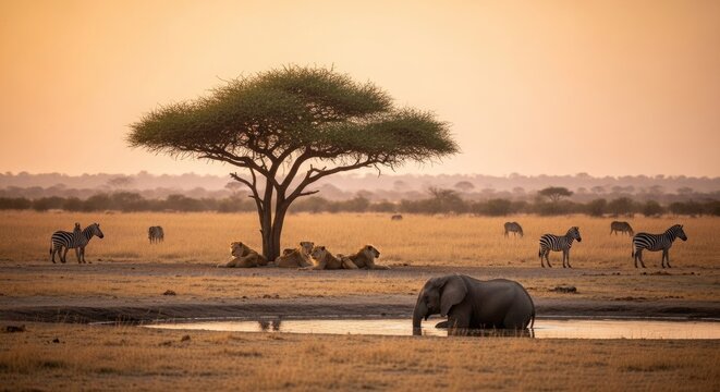 African savanna landscape with elephants lions and zebras at sunset