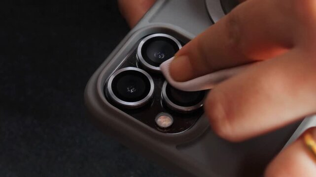 Close-up of a woman's hand cleaning a smartphone camera lens with a microfiber cloth. Removing dust, fingerprints, and smudges for clear photos, device maintenance, and electronics care.