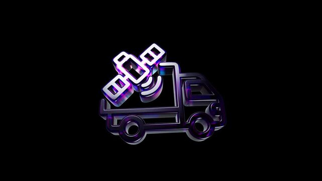 Shiny neon metallic truck icon carrying a satellite symbol for global logistics and technology 3D Icon