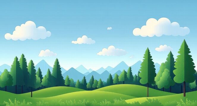 peaceful bright landscape with rolling green hills, pine trees, distant blue mountains, fluffy clouds and clear sky evoking calm and serenity