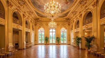 Obraz premium Grand opulent ballroom with gilded gold architecture, crystal chandeliers and painted ceiling