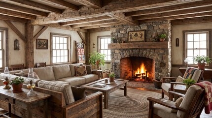 Fototapeta premium Bright rustic farmhouse living room featuring exposed ceiling beams and a stone fireplace