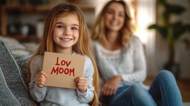 young girl holding a handmade cardboard sign reading lov moom while sitting on a couch with her mother blurred in the background, warm tender affectionate home scene