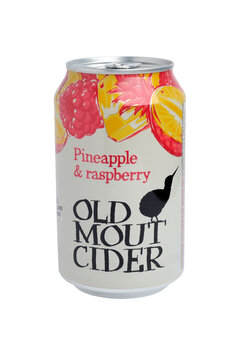 Single can of Old Mout Cider Pineapple and raspberry flavour isolated on white background. Made by Dutch brewer Heineken