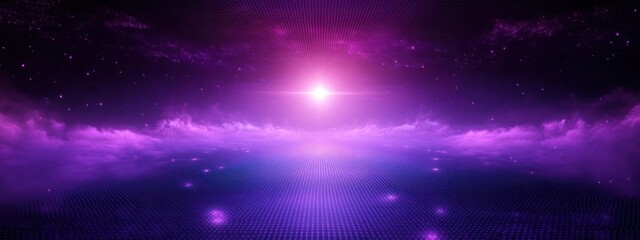 dreamy purple cosmic horizon with glowing central star, low violet clouds, reflective digital grid and floating lights conveying serene futuristic atmosphere