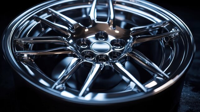polished chrome multi-spoke alloy wheel rim close-up with cool blue reflections, sleek precision and luxury automotive feel