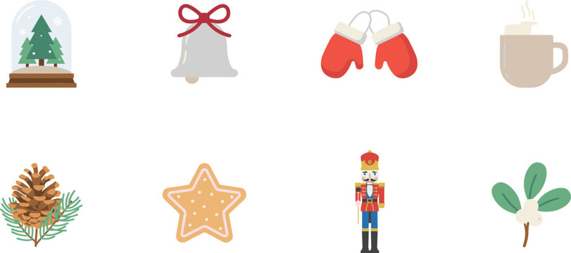 Christmas Holiday Icon Vector Set with Snow Globe, Bell with Bow, Red Mittens, Hot Cocoa Mug, Pinecone, Gingerbread Star, Nutcracker, and Mistletoe