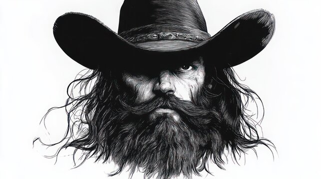 faceless bearded figure in a wide-brim hat with long wavy hair, face obscured by a gray square, mysterious black and white portrait