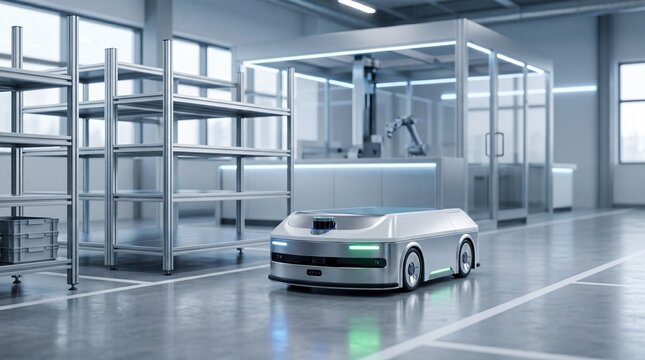 Autonomous mobile robot navigating modern warehouse facility, automated logistics and smart manufacturing technology with AGV transporting goods in industrial storage center