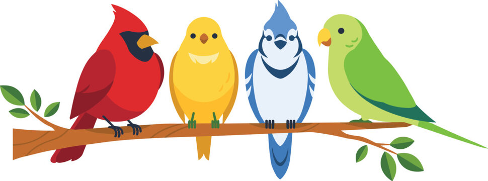 Cute Colorful Birds Perched on Tree Branch Vector Illustration Featuring Red Cardinal, Yellow Finch, Blue Jay, and Green Parakeet Parrot