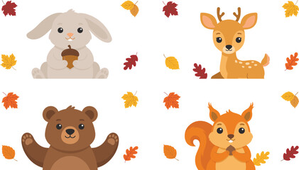 Naklejka premium Cute Autumn Woodland Animals Vector Set Featuring Cartoon Illustrations of Bunny holding Acorn, Fawn Deer, Waving Brown Bear, and Squirrel with Nut
