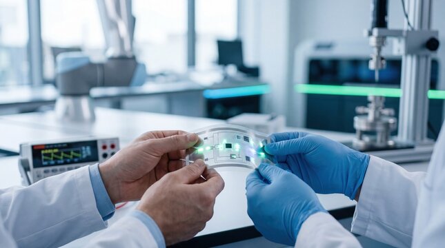 Scientists examining flexible electronic circuit prototype with glowing LEDs in high tech laboratory conducting research on advanced materials and innovation.