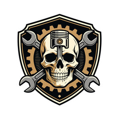 Fototapeta premium Vintage biker mechanic vector emblem featuring human skull engine piston crossed wrenches and industrial gear on shield isolated on black.