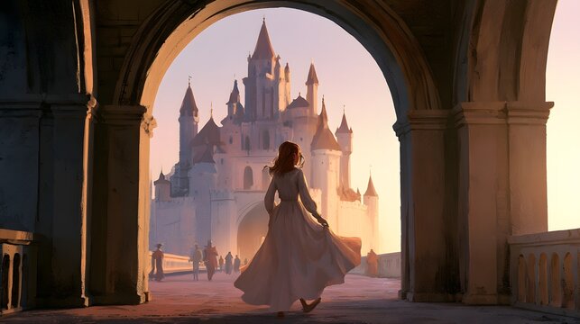 Auburn haired woman walks toward a medieval castle bathed in sunrise serene beauty watercolor illustration