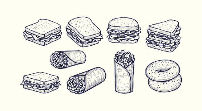 Hand drawn collection of various sandwiches wraps and bagels sketches vector food illustrations.