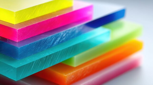 A vibrant stack of glossy colored acrylic sheets layered together in a modern studio setting.