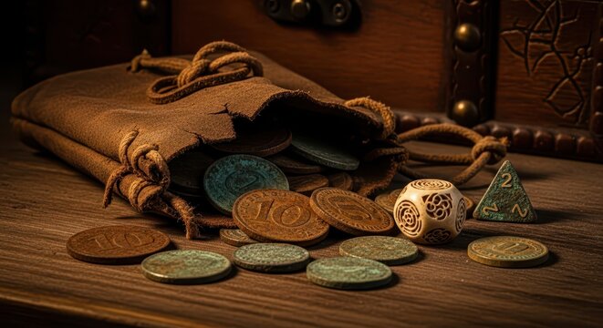 Tattered Leather Pouch Overflowing With Ancient Coins and Decorative Artifact