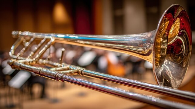 Close-up view of a polished silver-plated trombone slide with reflections, suggesting a musical performance in progress.