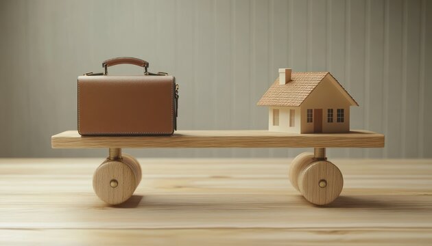 brown leather briefcase and small wooden house balanced on a wooden seesaw on a table, calm neutral scene suggesting balance and decision